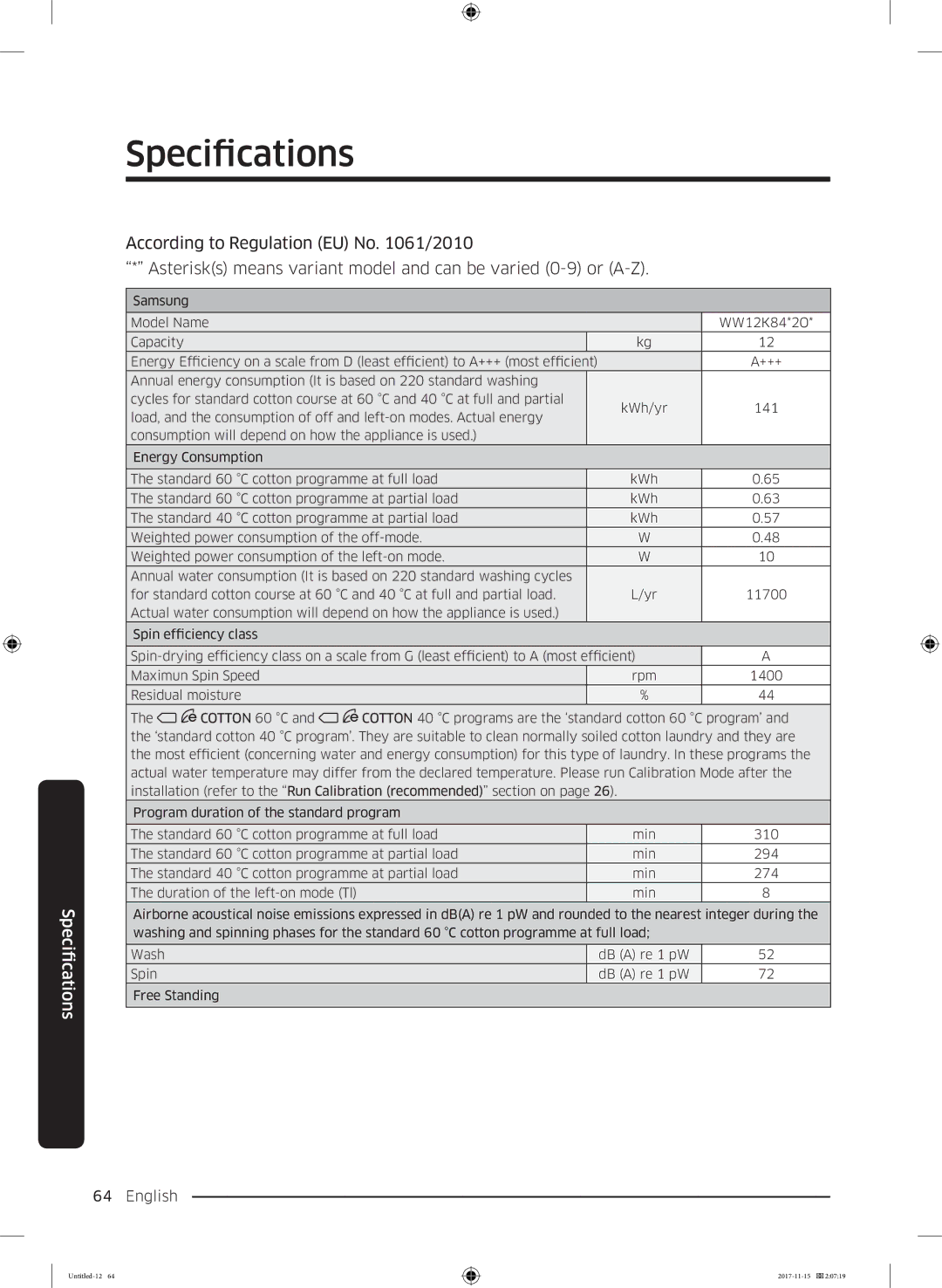 Samsung WW12K8412OX/LP, WW12K8412OW/LP manual Specifications 