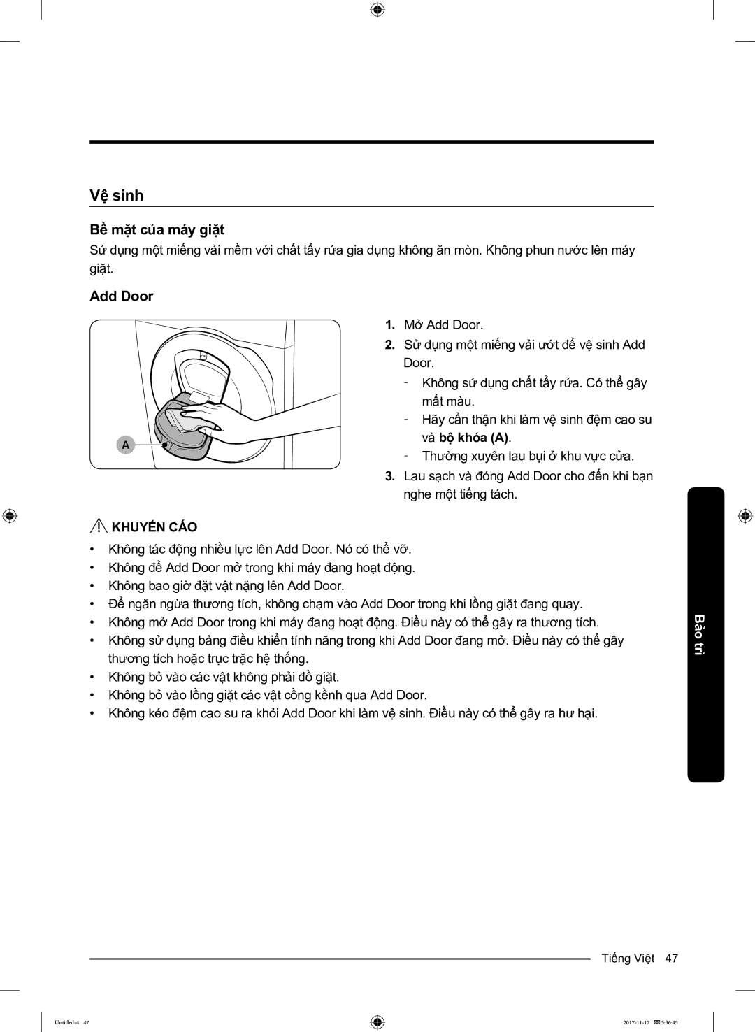 Samsung WW12K8412OX/SV manual Vệ sinh, Bề mặt của máy giặt, Add Door 