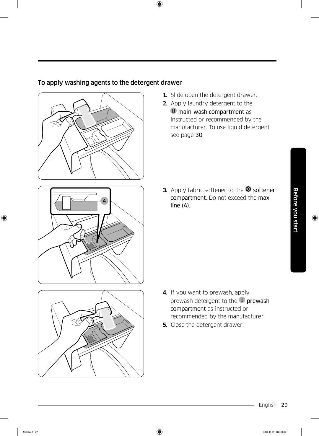 Samsung WW12K8412OX/SV manual To apply washing agents to the detergent drawer 