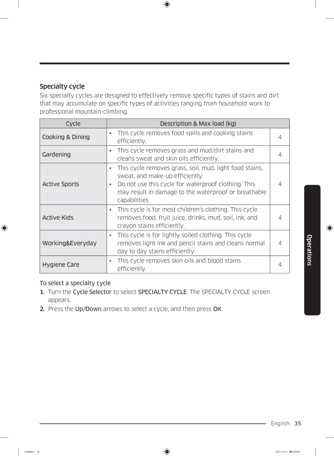 Samsung WW12K8412OX/SV manual Specialty cycle 