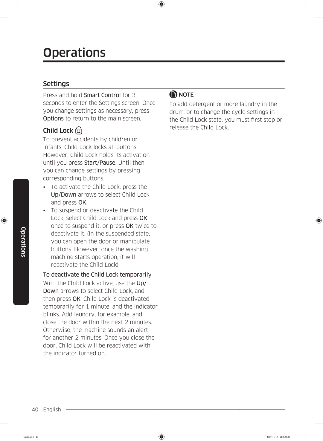 Samsung WW12K8412OX/SV manual Settings, Child Lock 