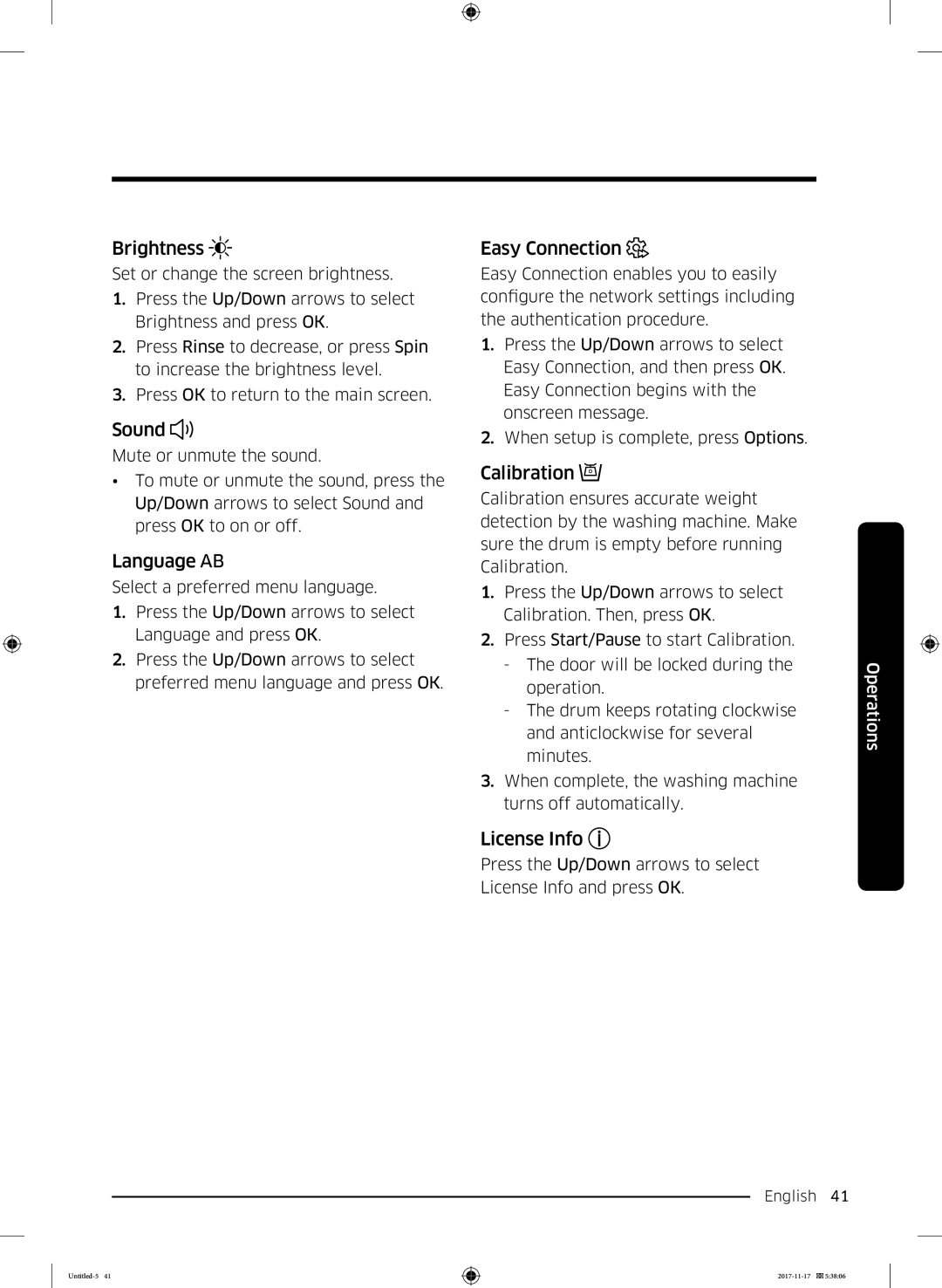 Samsung WW12K8412OX/SV manual Brightness, Sound, Language, Easy Connection, Calibration, License Info 