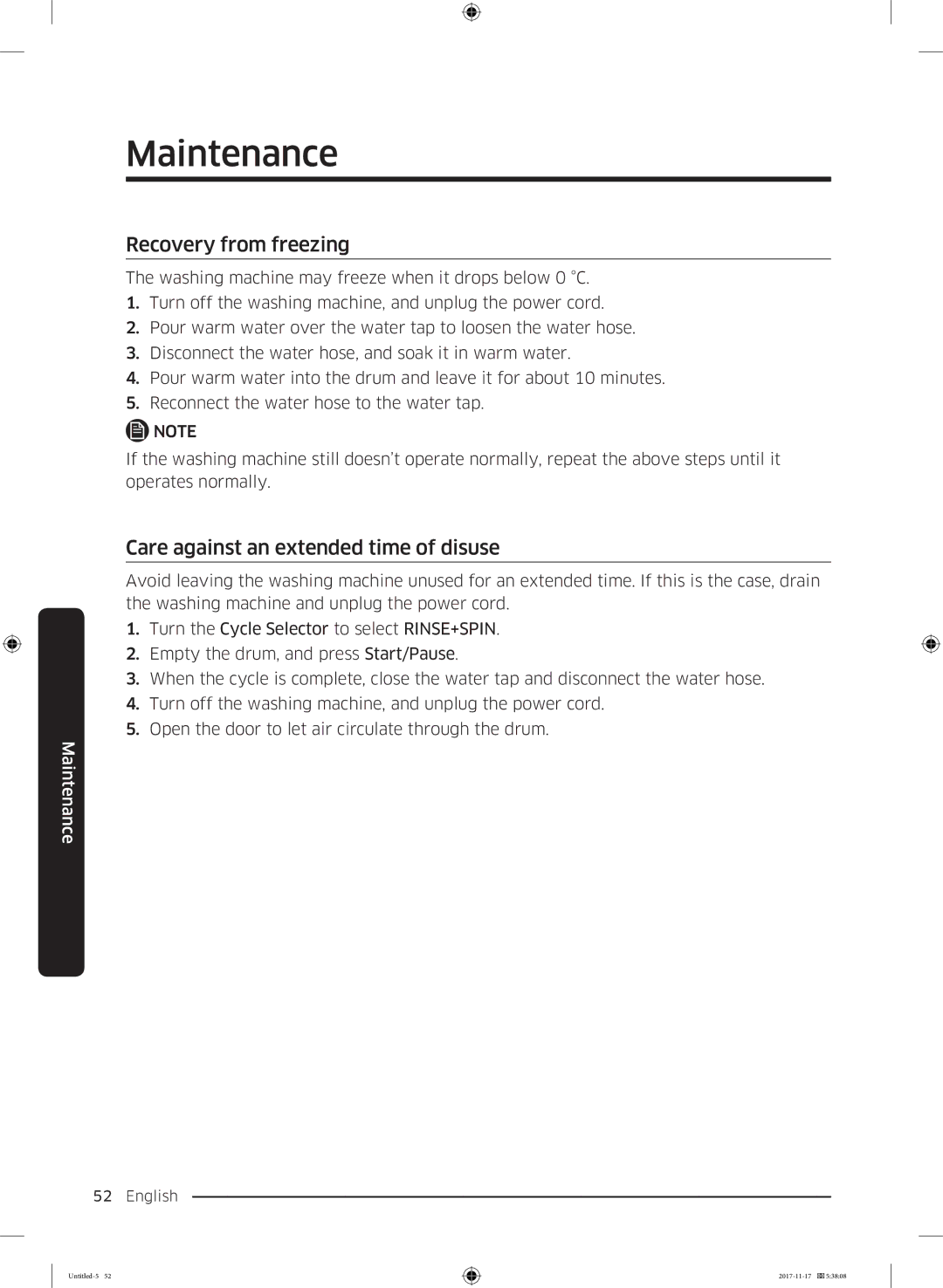 Samsung WW12K8412OX/SV manual Recovery from freezing, Care against an extended time of disuse 