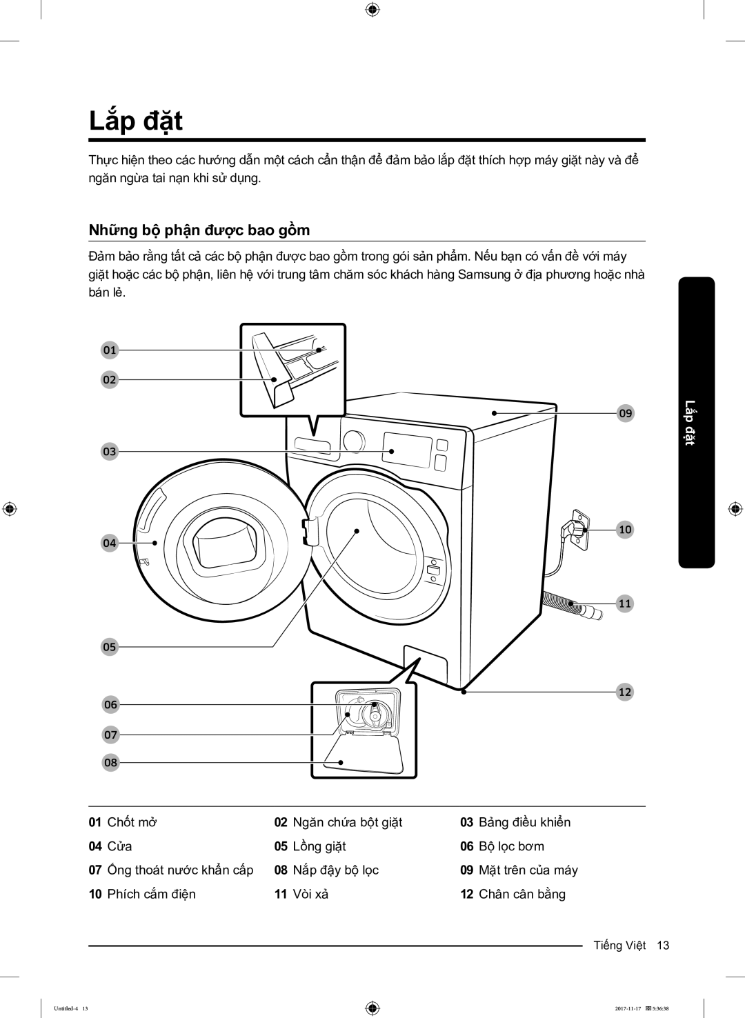 Samsung WW12K8412OX/SV manual Lắp đặt, Những bộ phận được bao gồm 