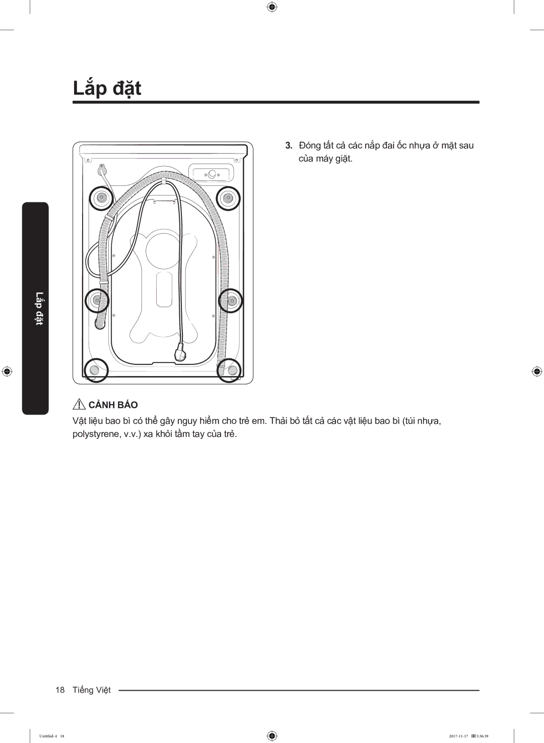 Samsung WW12K8412OX/SV manual Đóng tất cả các nắp đai ốc nhựa ở mặt sau của máy giặt 