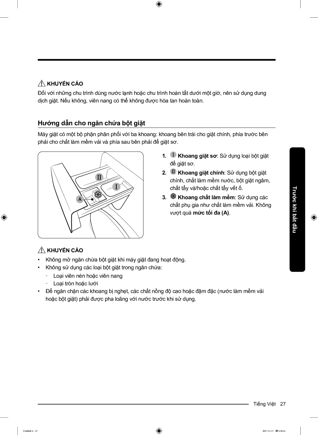 Samsung WW12K8412OX/SV manual Hướng dẫn cho ngăn chứa bột giặt 