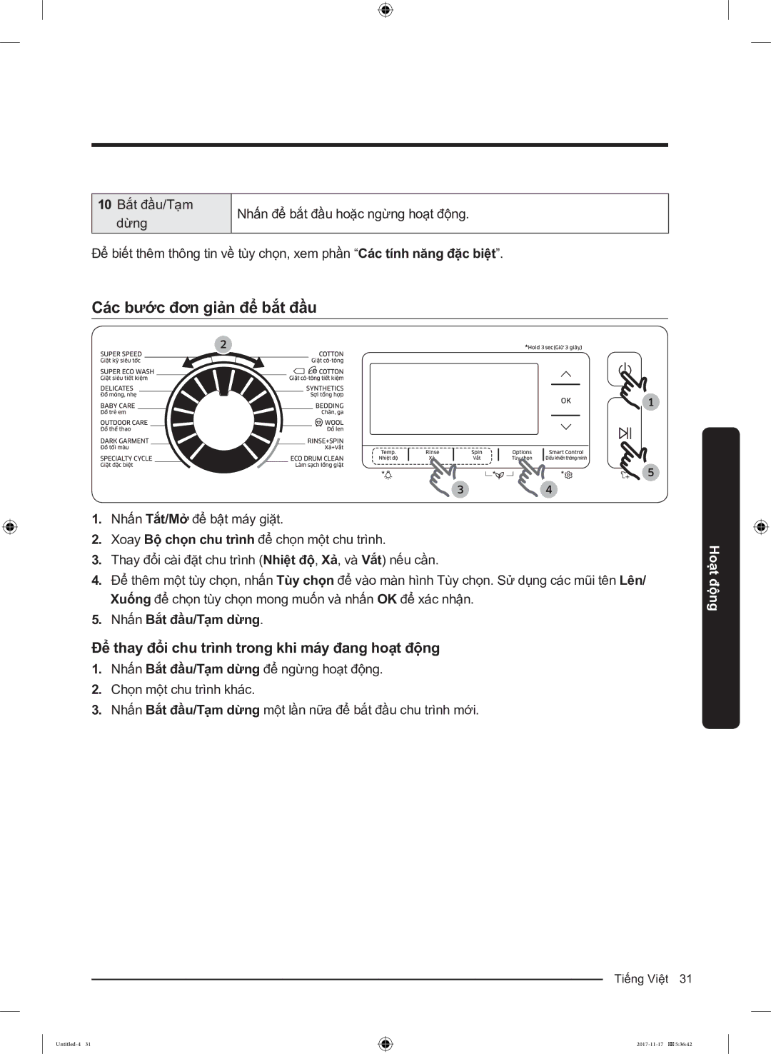 Samsung WW12K8412OX/SV manual Các bước đơn giản để bắt đầu, Để thay đổi chu trình trong khi máy đang hoạt động 