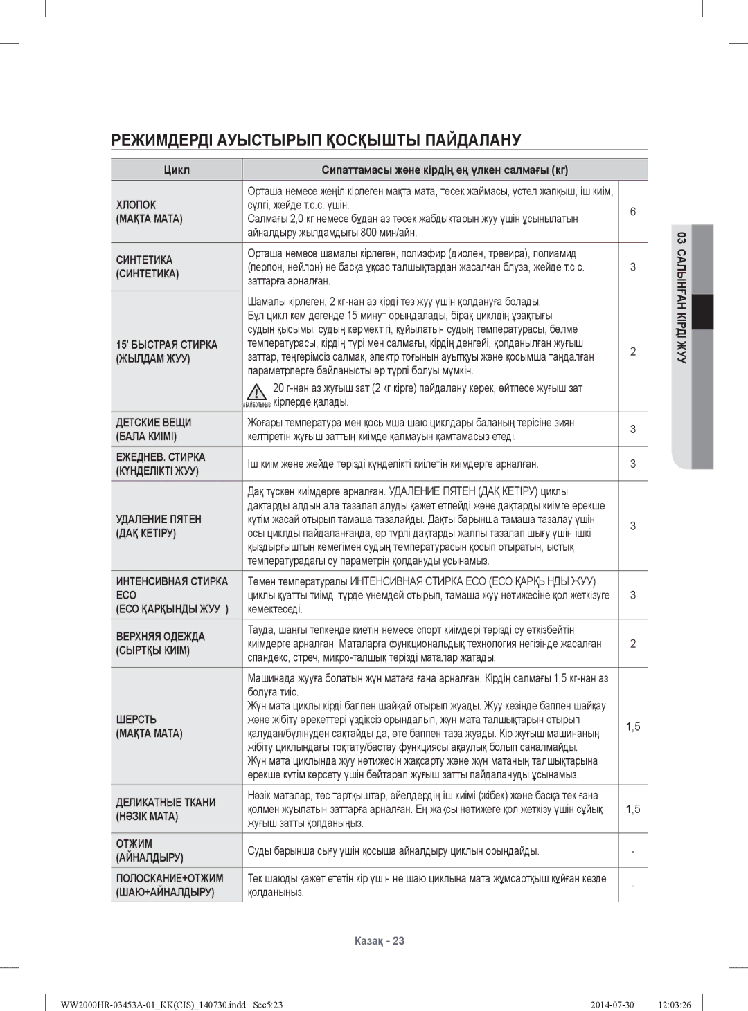 Samsung WW60H2210EWDLP, WW60H2200EWDLP, WW60H2220EWDLP, WW60H2230EWDLP manual Режимдерді Ауыстырып Қосқышты Пайдалану 