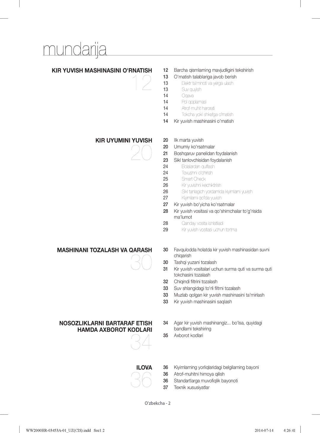 Samsung WW60H2230EWDLP, WW60H2200EWDLP, WW60H2220EWDLP, WW60H2210EWDLP manual Mundarĳa 