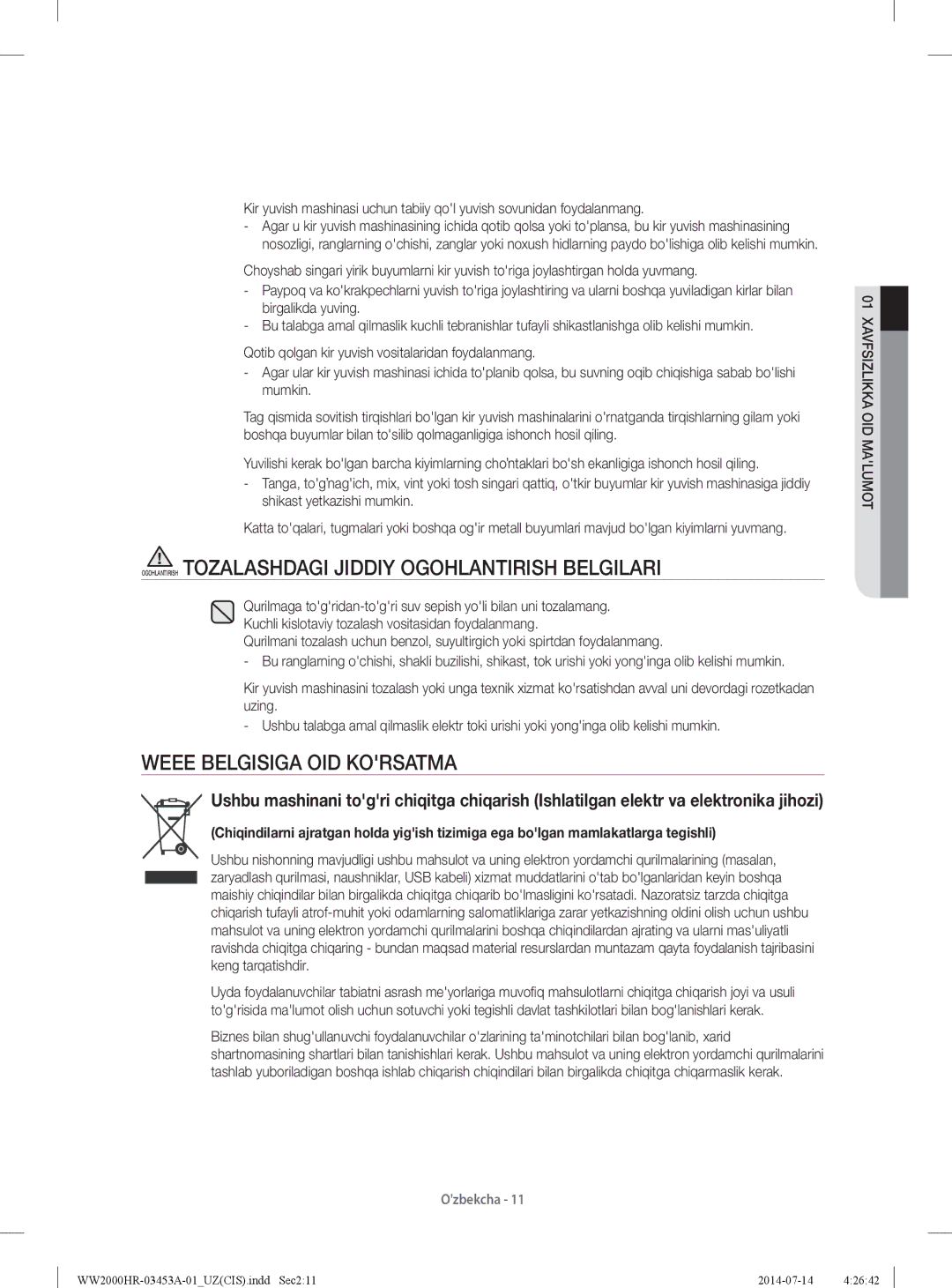 Samsung WW60H2210EWDLP manual Ogohlantirish Tozalashdagi Jiddiy Ogohlantirish Belgilari, Weee Belgisiga OID Korsatma 