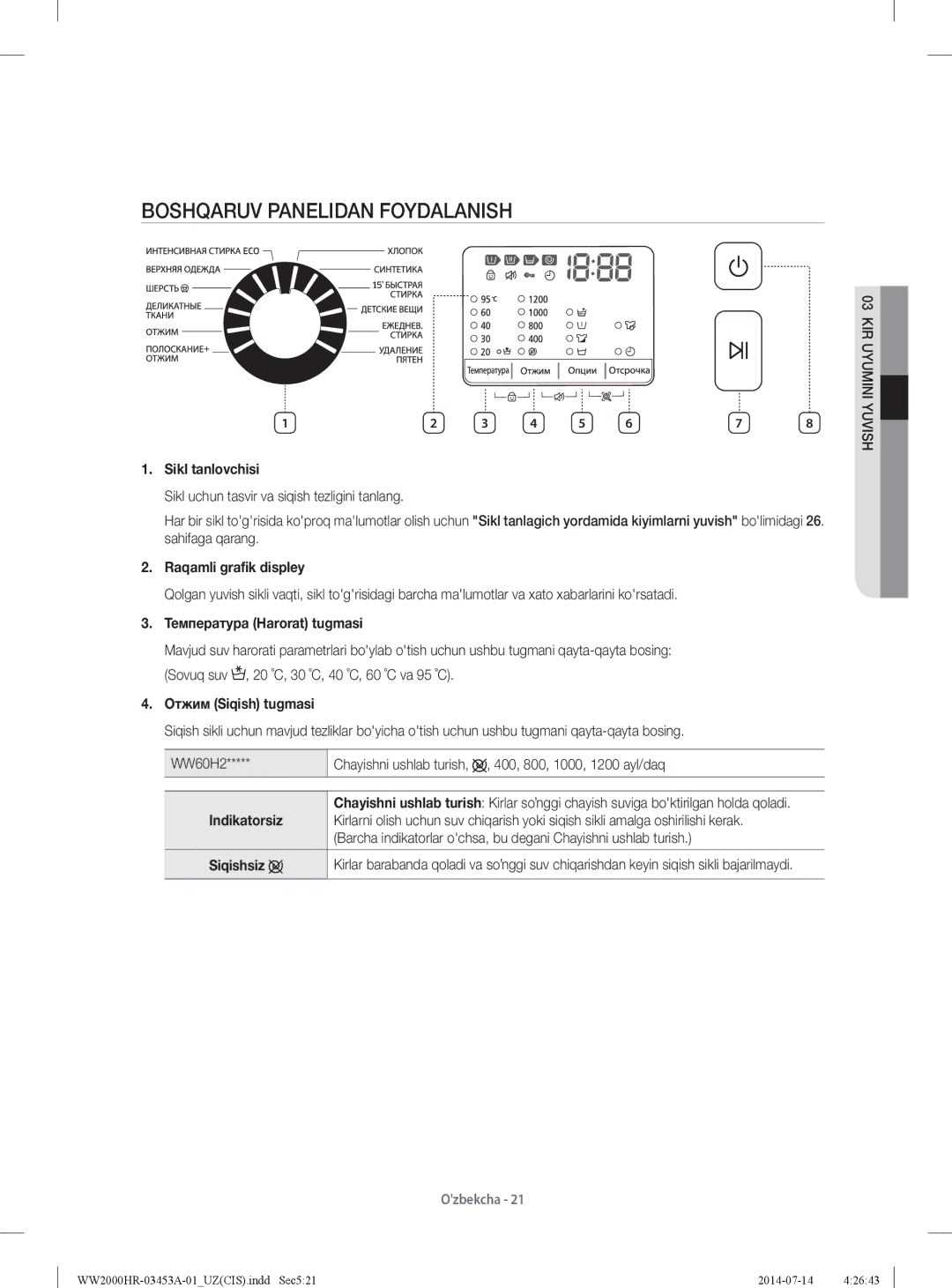 Samsung WW60H2220EWDLP, WW60H2200EWDLP, WW60H2230EWDLP, WW60H2210EWDLP manual Boshqaruv Panelidan Foydalanish 