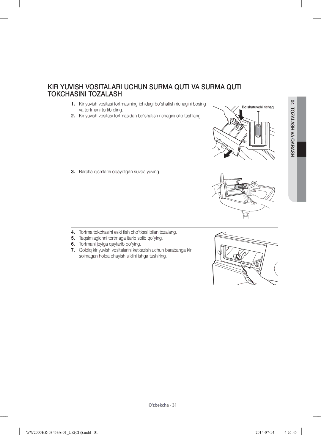 Samsung WW60H2210EWDLP, WW60H2200EWDLP, WW60H2220EWDLP, WW60H2230EWDLP manual Tozalash VA Qarash 