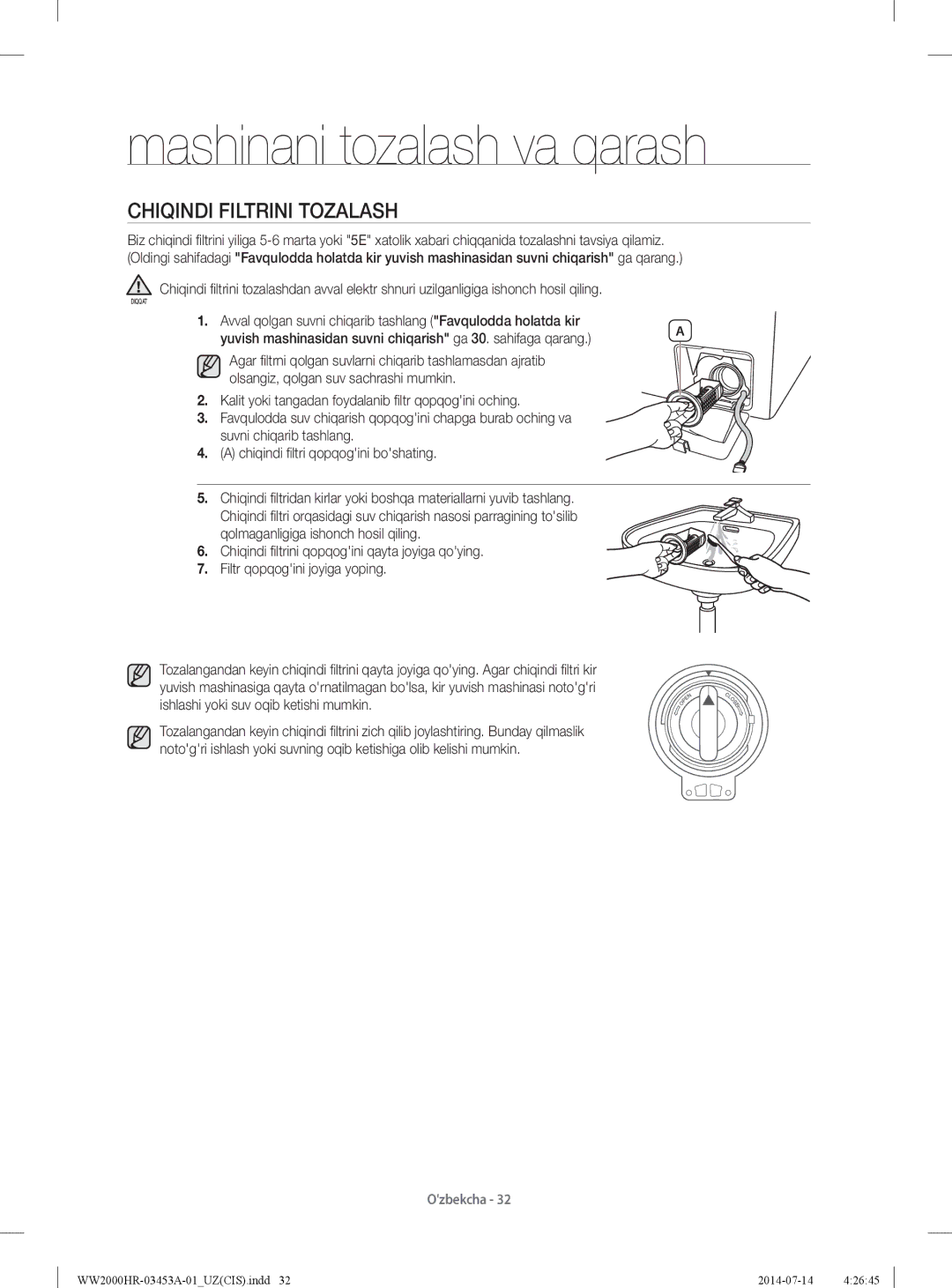 Samsung WW60H2200EWDLP, WW60H2220EWDLP, WW60H2230EWDLP, WW60H2210EWDLP manual Chiqindi Filtrini Tozalash 