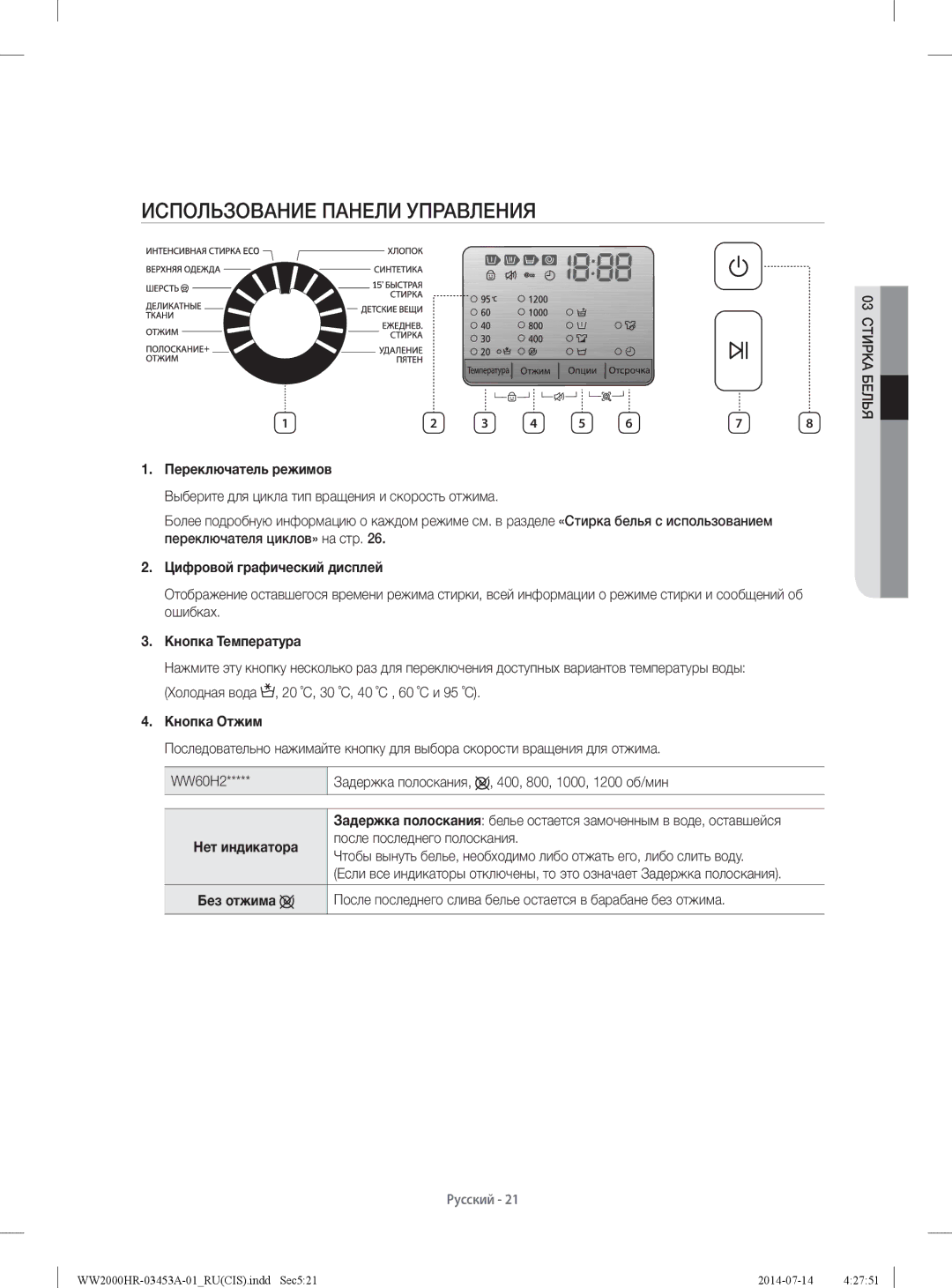 Samsung WW60H2220EWDLP, WW60H2200EWDLP, WW60H2230EWDLP, WW60H2210EWDLP manual Использование Панели Управления 