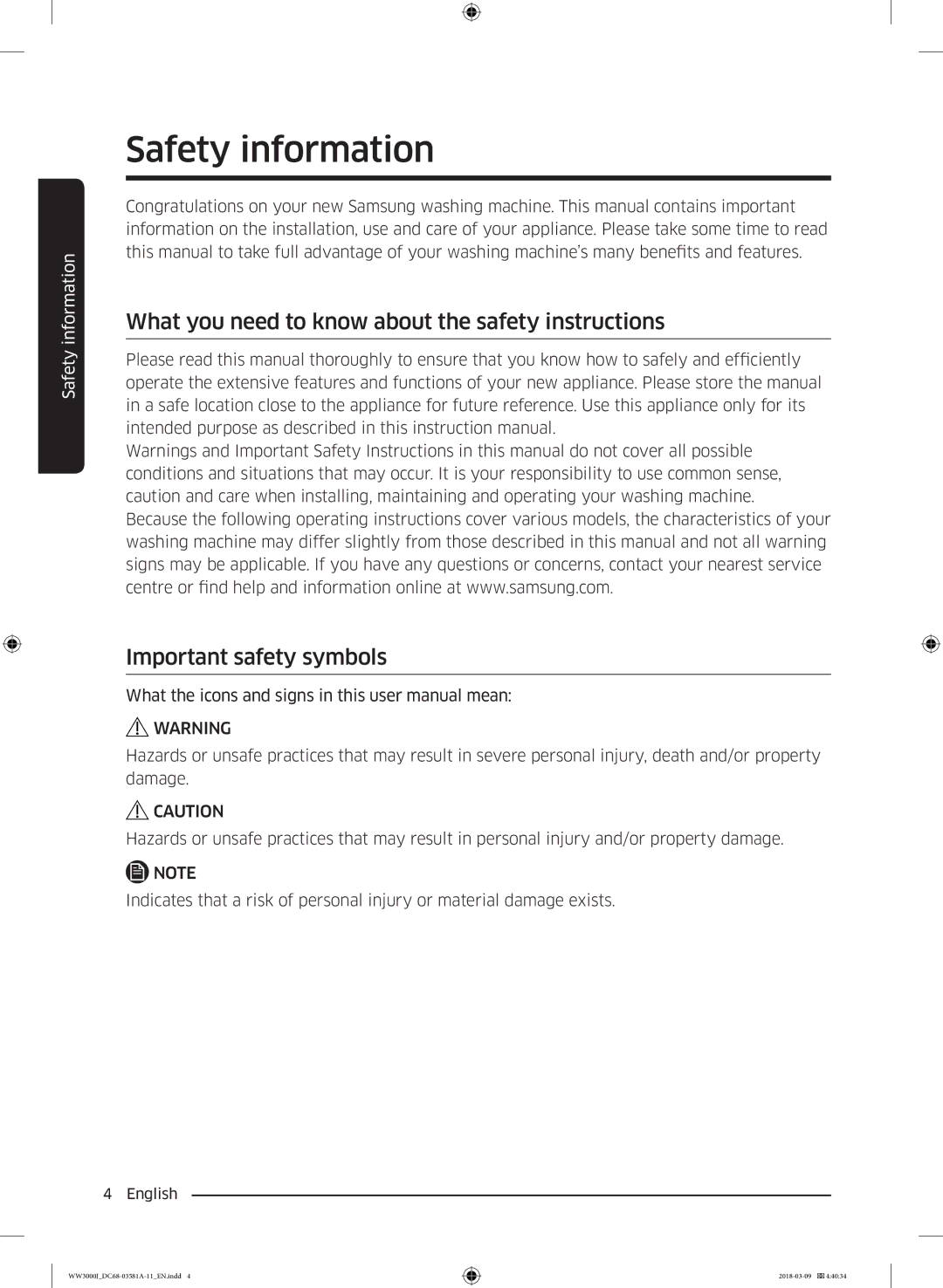 Samsung WW60J3080LW1LE manual Safety information 