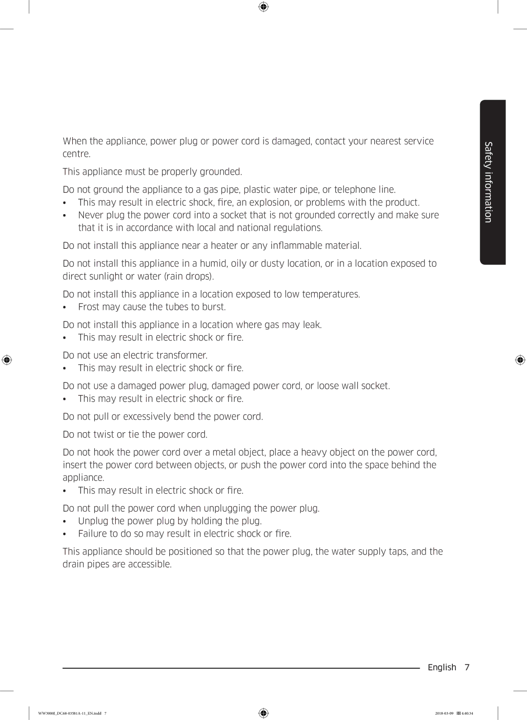 Samsung WW60J3080LW1LE manual Safety information 