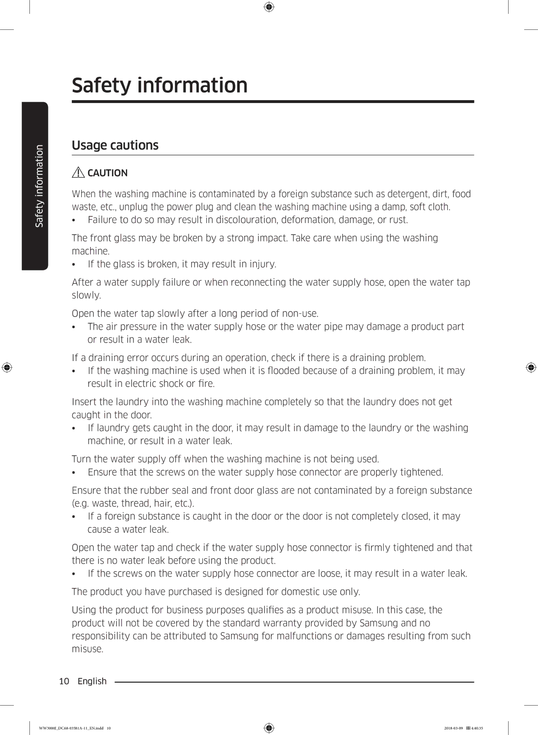 Samsung WW60J3080LW1LE manual Usage cautions 