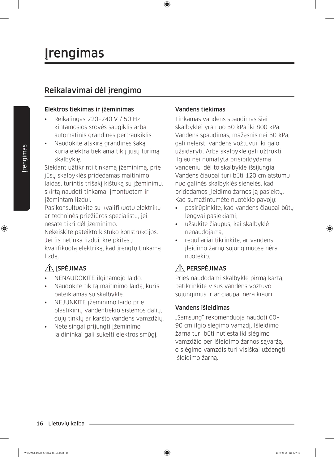 Samsung WW60J3080LW1LE manual Reikalavimai dėl įrengimo, Įspėjimas 