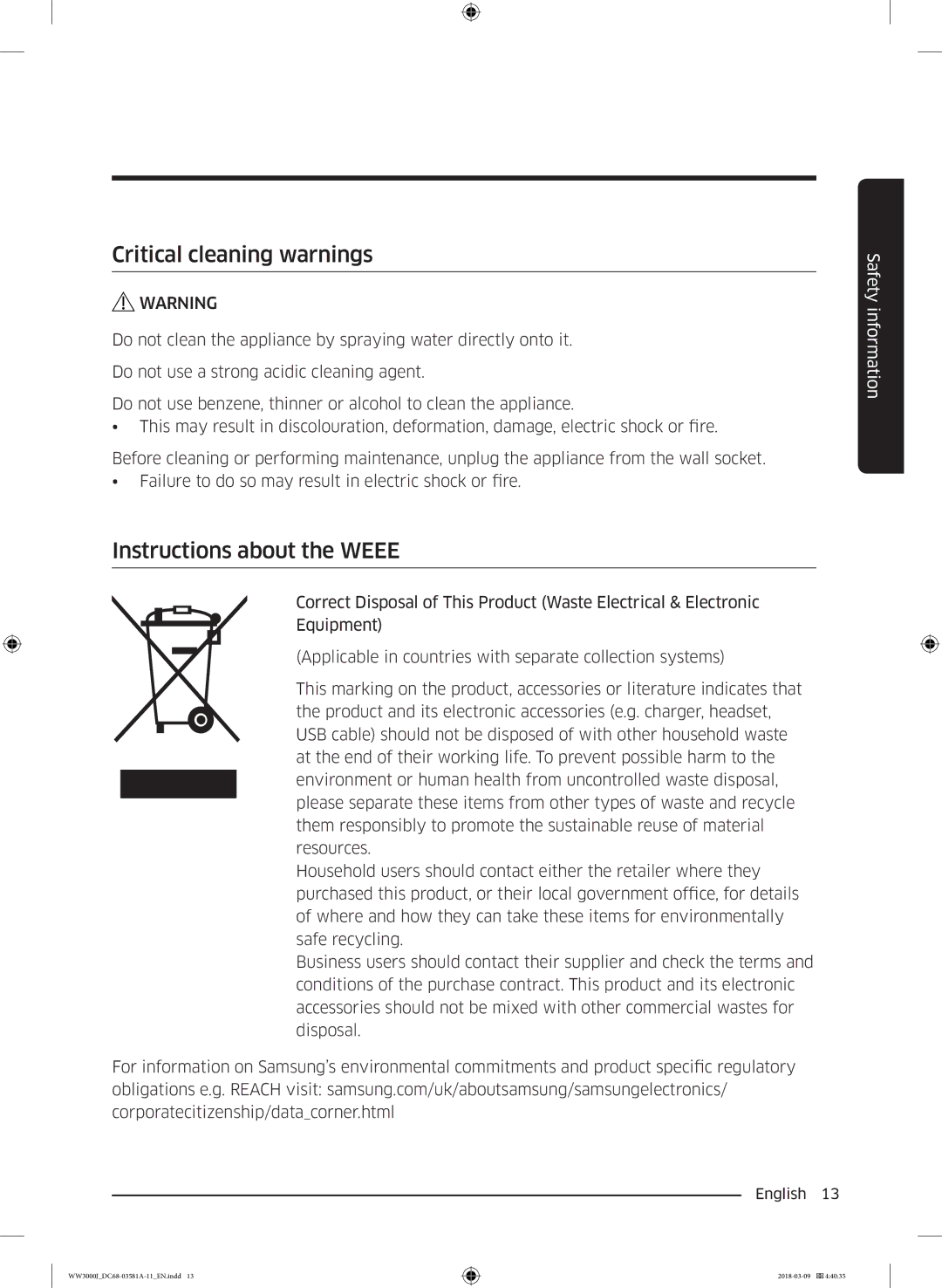 Samsung WW60J3080LW1LE manual Critical cleaning warnings, Instructions about the Weee 