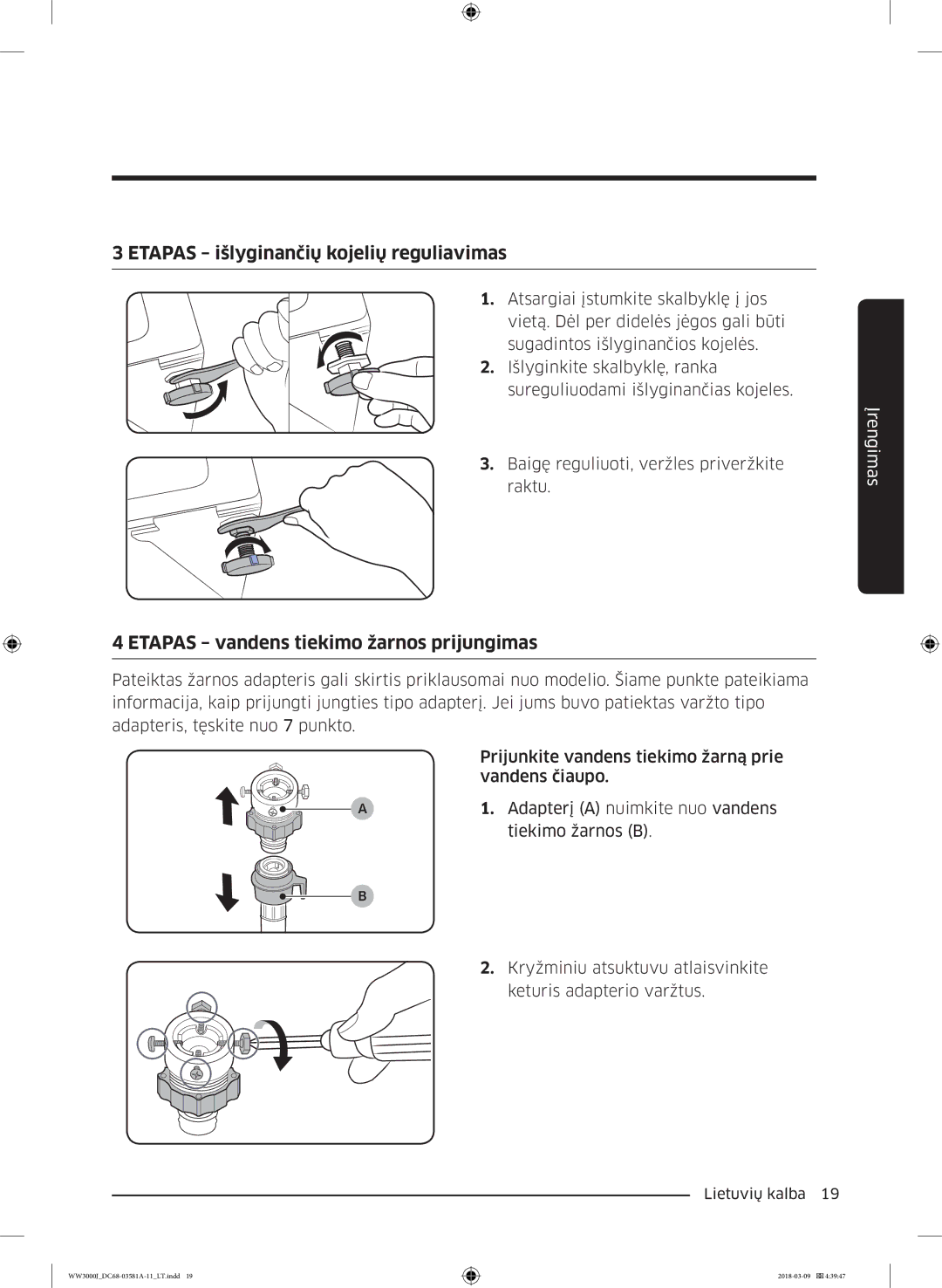 Samsung WW60J3080LW1LE manual Etapas išlyginančių kojelių reguliavimas 