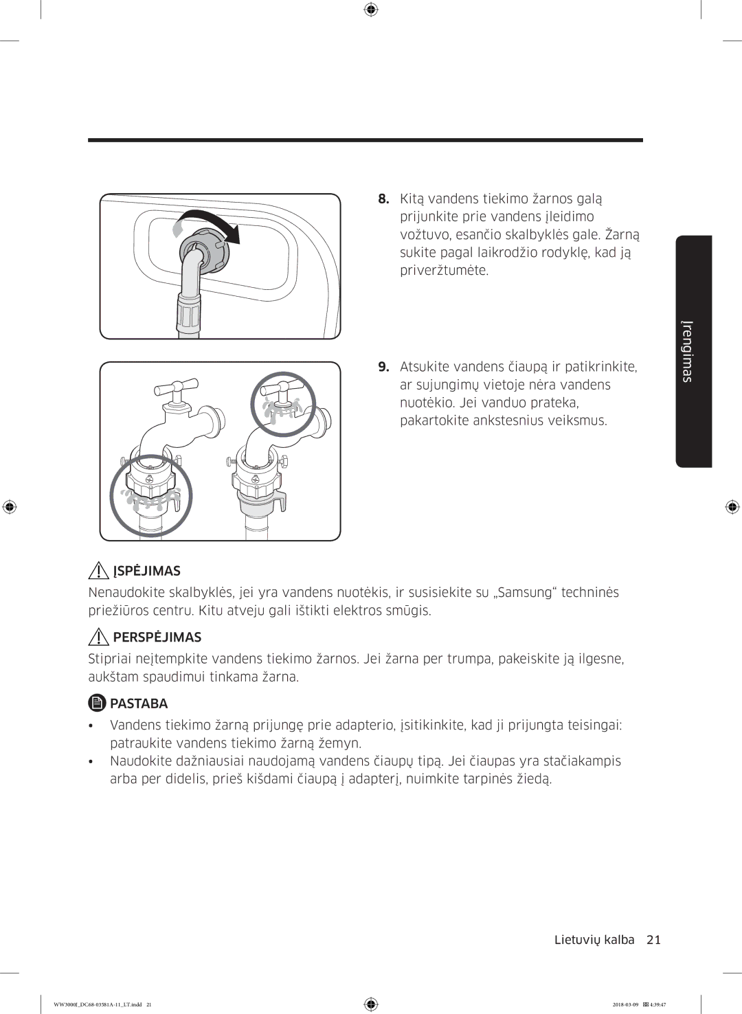 Samsung WW60J3080LW1LE manual Įspėjimas 