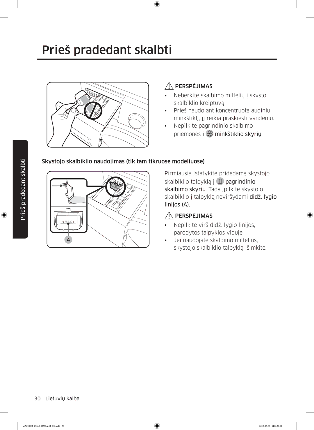 Samsung WW60J3080LW1LE manual Nepilkite virš didž. lygio linijos 