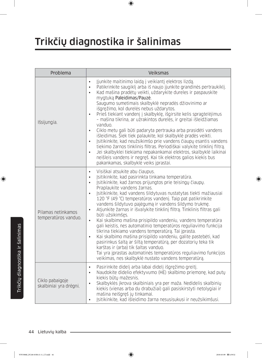 Samsung WW60J3080LW1LE manual Trikčių diagnostika ir šalinimas 