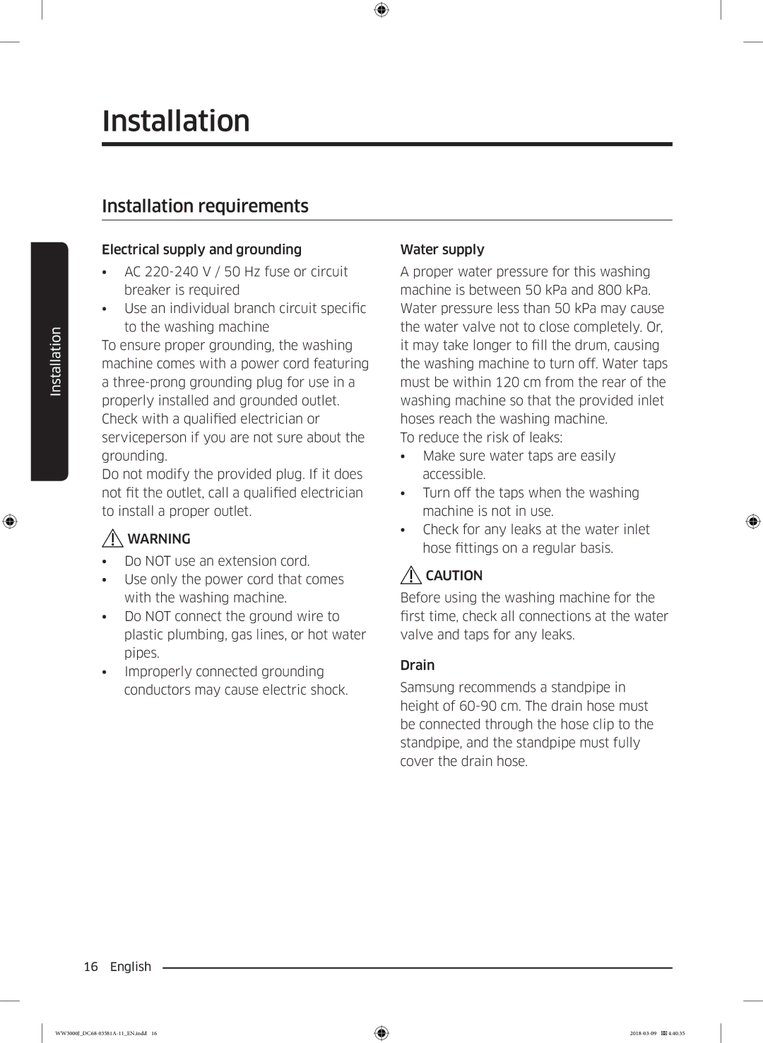 Samsung WW60J3080LW1LE manual Installation requirements 