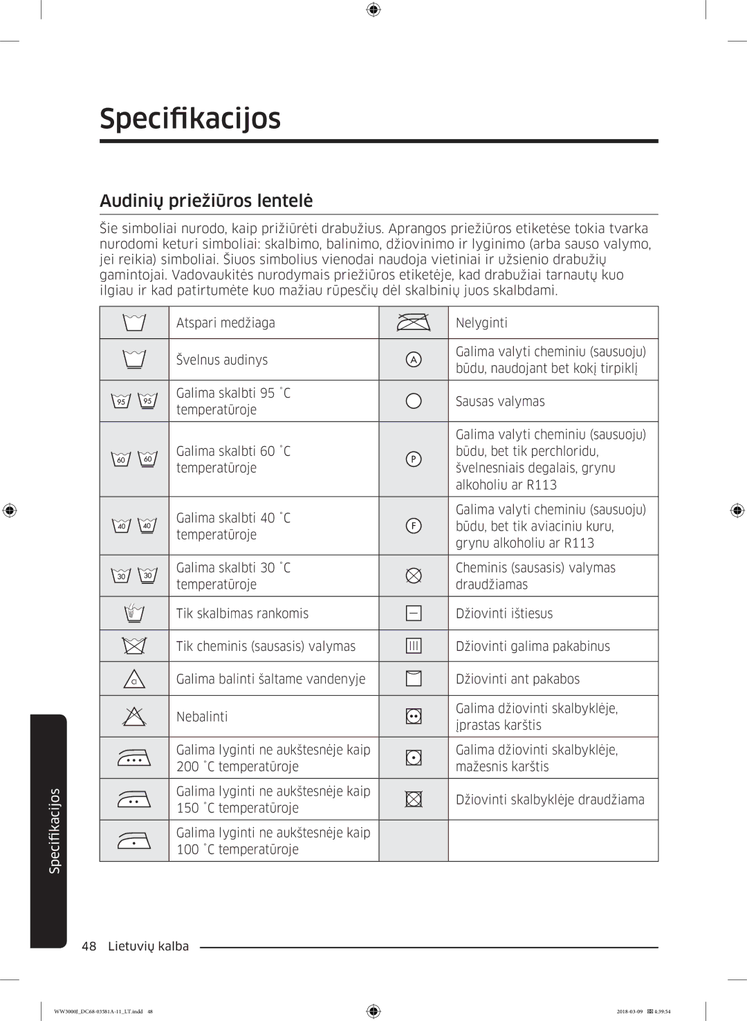 Samsung WW60J3080LW1LE manual Specifikacijos, Audinių priežiūros lentelė 