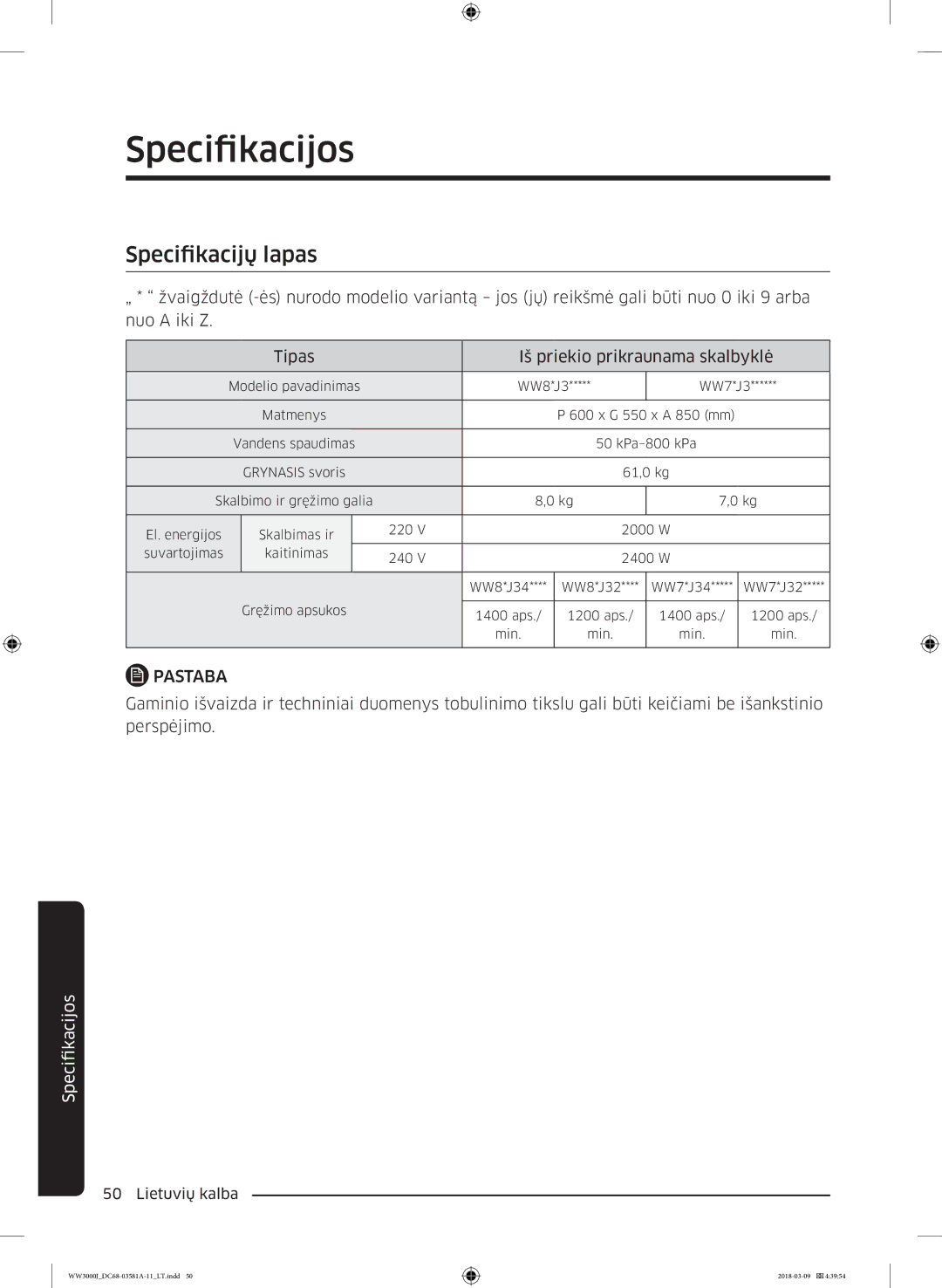 Samsung WW60J3080LW1LE manual Specifikacijų lapas, Pastaba 