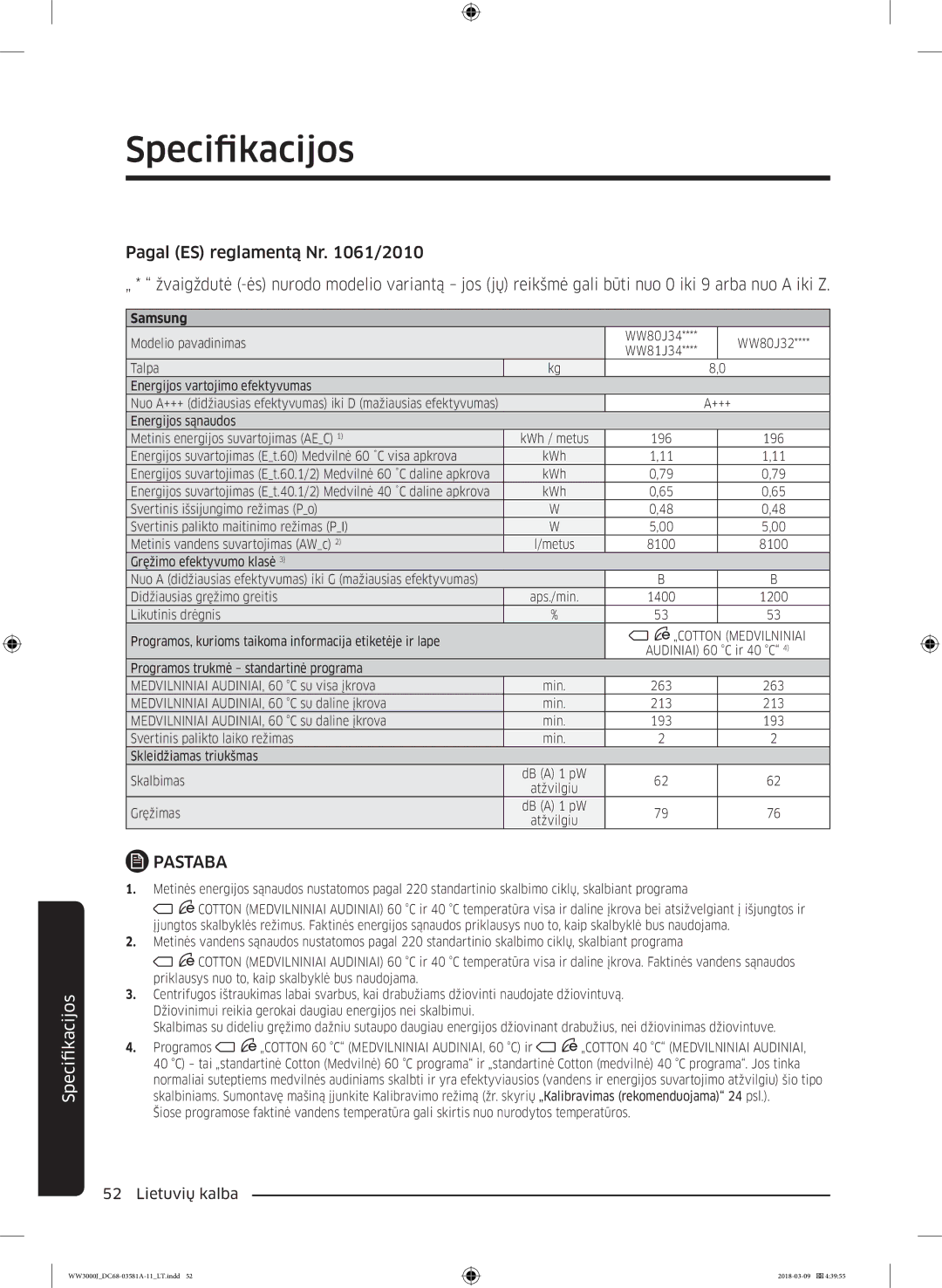 Samsung WW60J3080LW1LE manual „COTTON Medvilniniai 