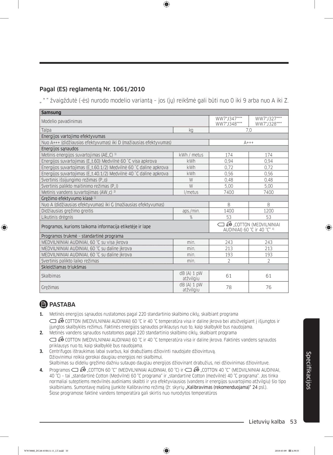 Samsung WW60J3080LW1LE manual Energijos suvartojimas Et.60 Medvilnė 60 ˚C visa apkrova 