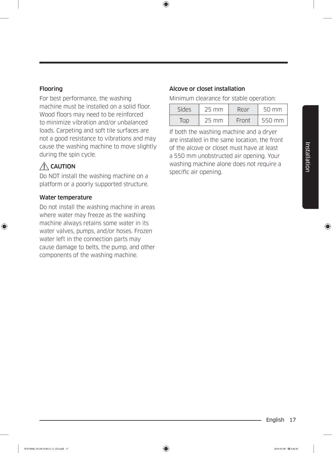 Samsung WW60J3080LW1LE manual Installation 