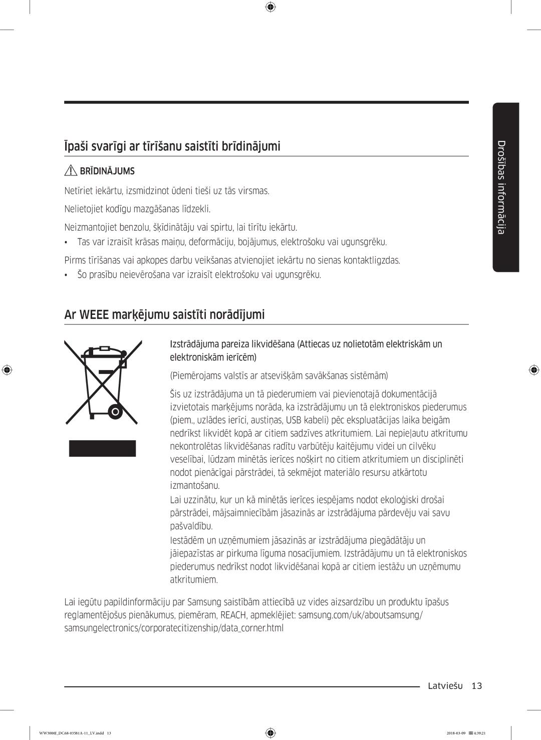 Samsung WW60J3080LW1LE manual Īpaši svarīgi ar tīrīšanu saistīti brīdinājumi, Ar Weee marķējumu saistīti norādījumi 