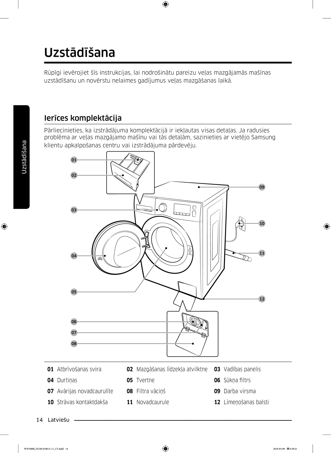 Samsung WW60J3080LW1LE manual Uzstādīšana, Ierīces komplektācija 