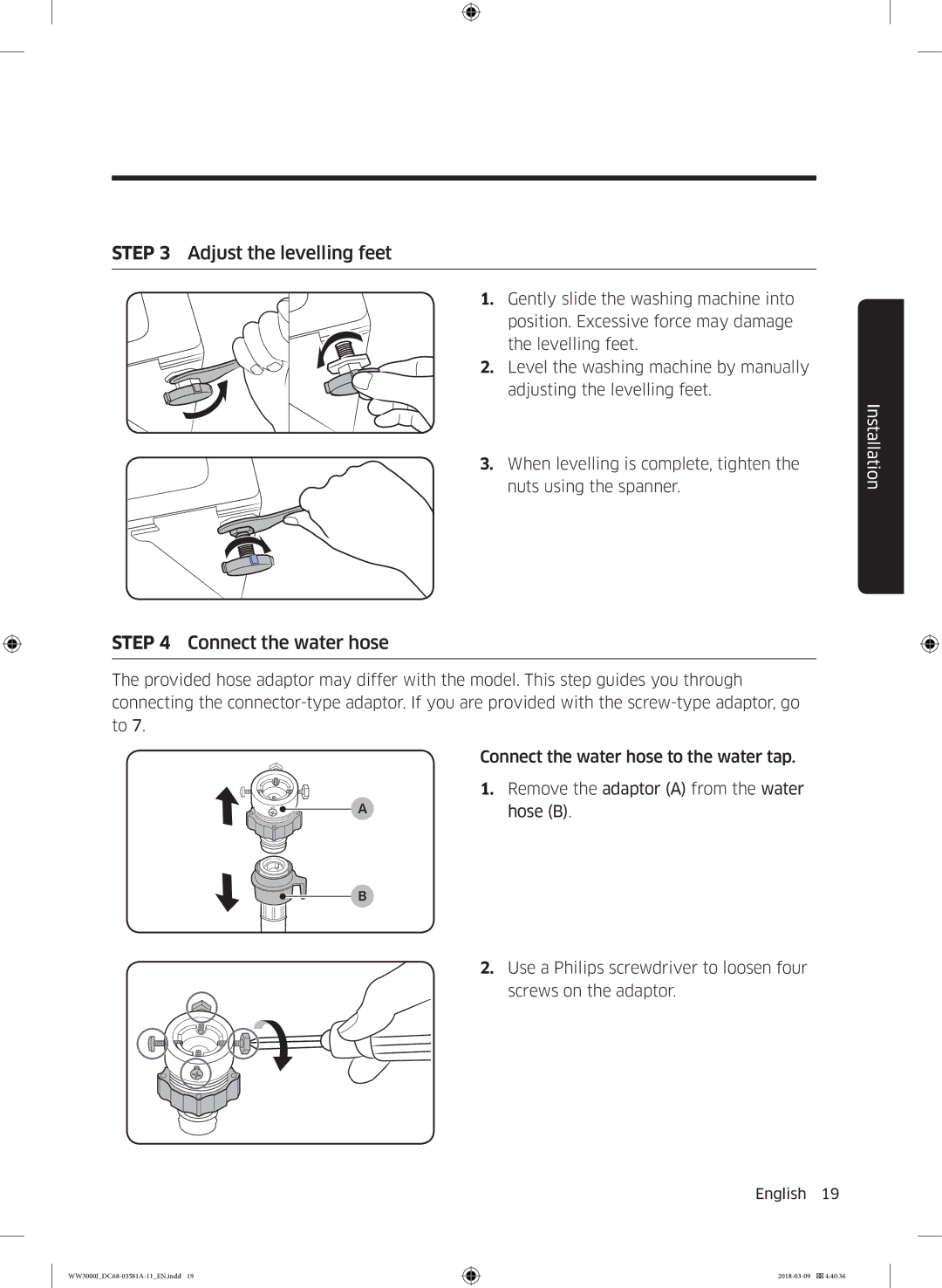 Samsung WW60J3080LW1LE manual Adjust the levelling feet, Connect the water hose 