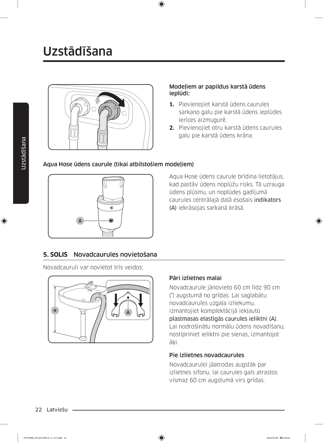 Samsung WW60J3080LW1LE manual Solis Novadcaurules novietošana 