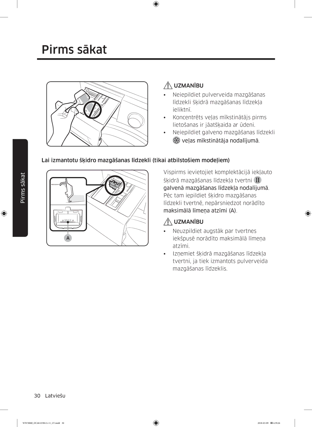 Samsung WW60J3080LW1LE manual Neuzpildiet augstāk par tvertnes 