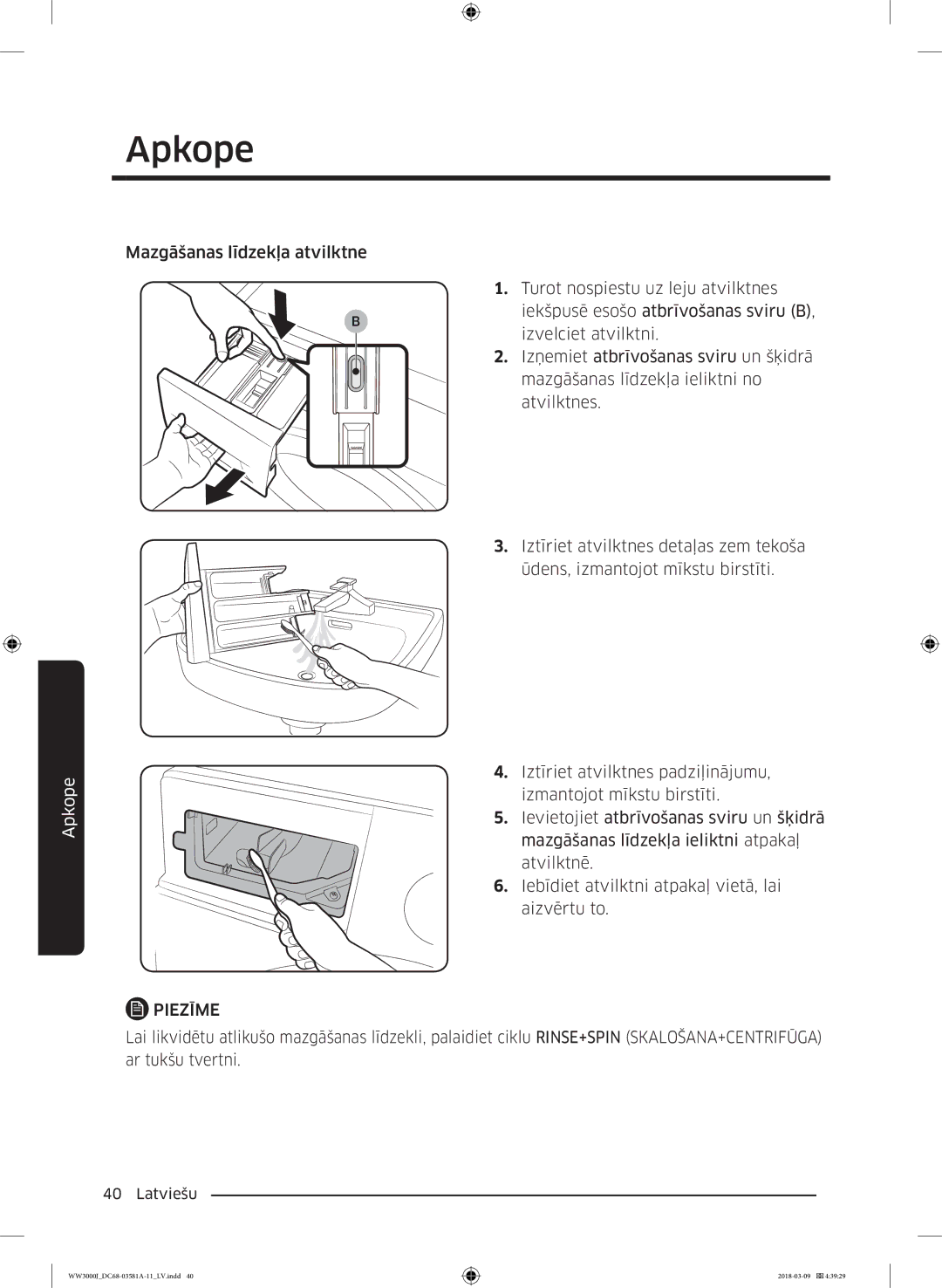 Samsung WW60J3080LW1LE manual Apkope 