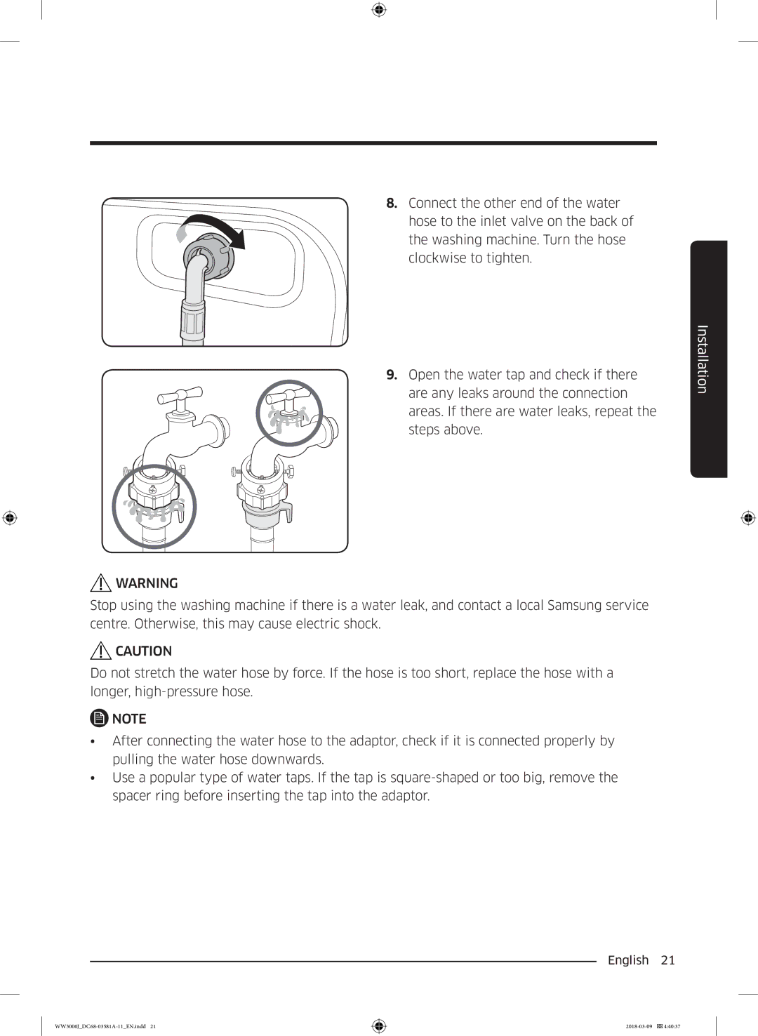 Samsung WW60J3080LW1LE manual Installation 