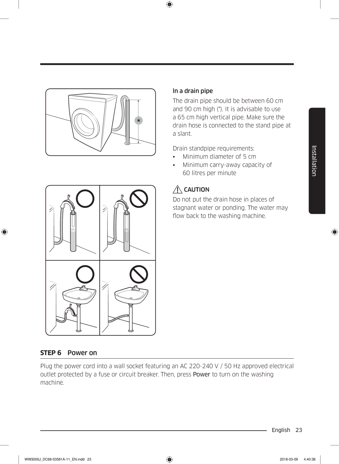 Samsung WW60J3080LW1LE manual Power on 