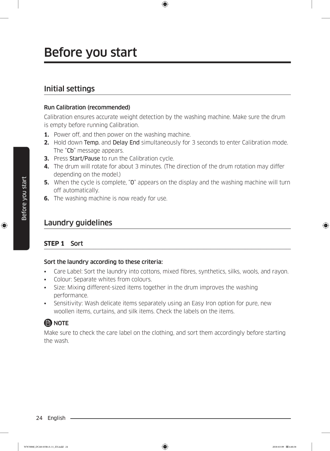 Samsung WW60J3080LW1LE manual Before you start, Initial settings, Laundry guidelines 