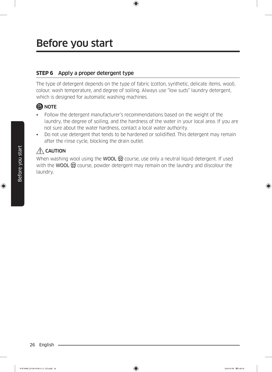 Samsung WW60J3080LW1LE manual Apply a proper detergent type 