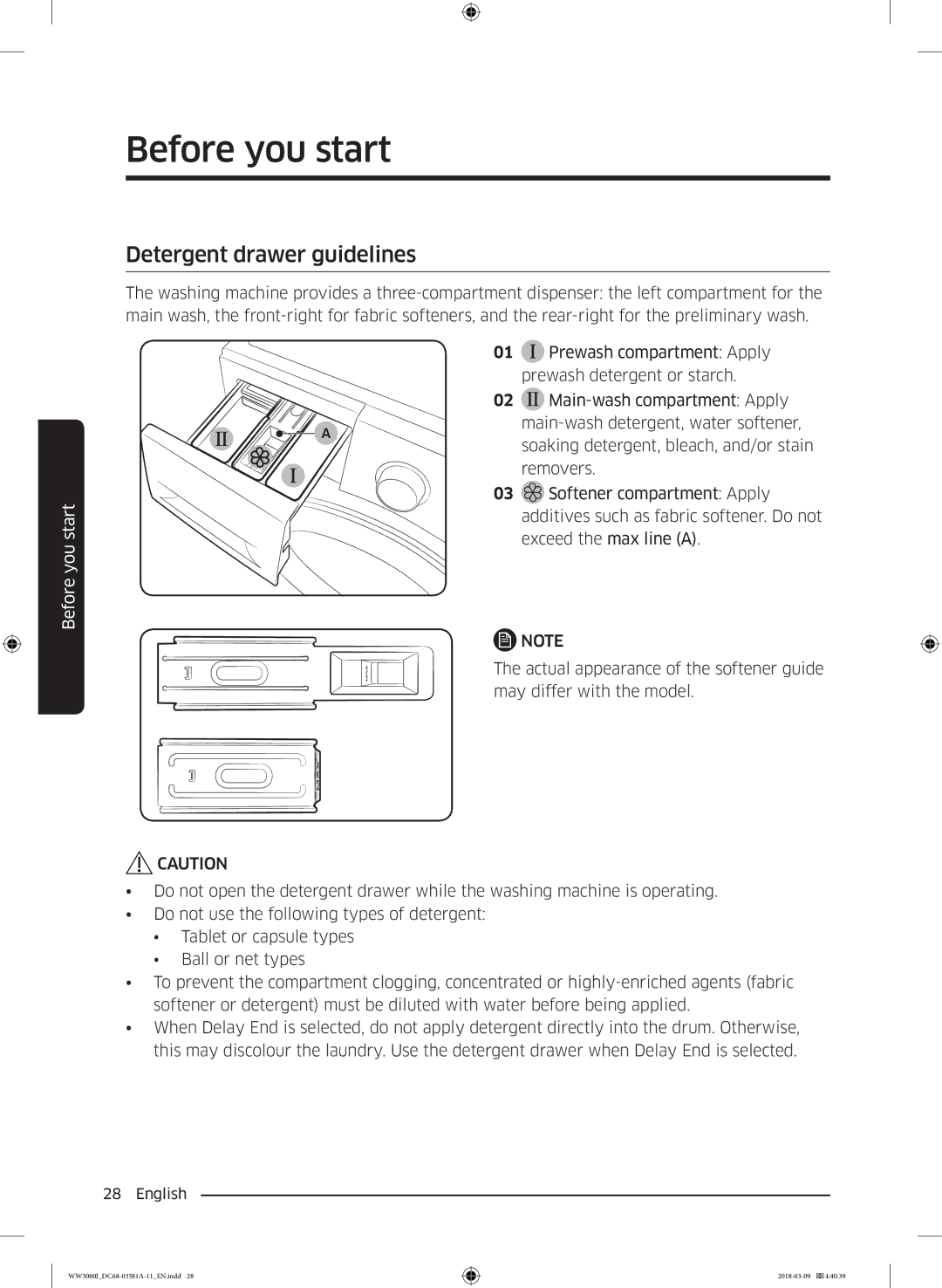 Samsung WW60J3080LW1LE manual Detergent drawer guidelines 