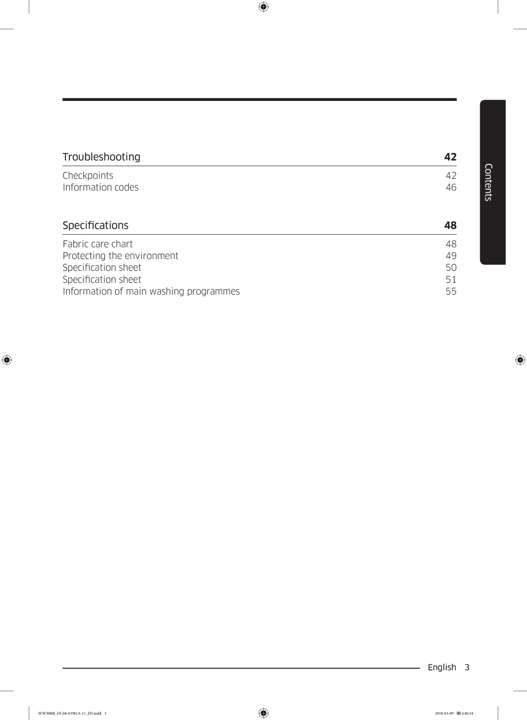 Samsung WW60J3080LW1LE manual Troubleshooting, Specifications 