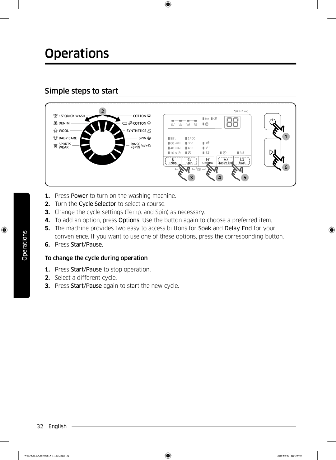 Samsung WW60J3080LW1LE manual Simple steps to start 