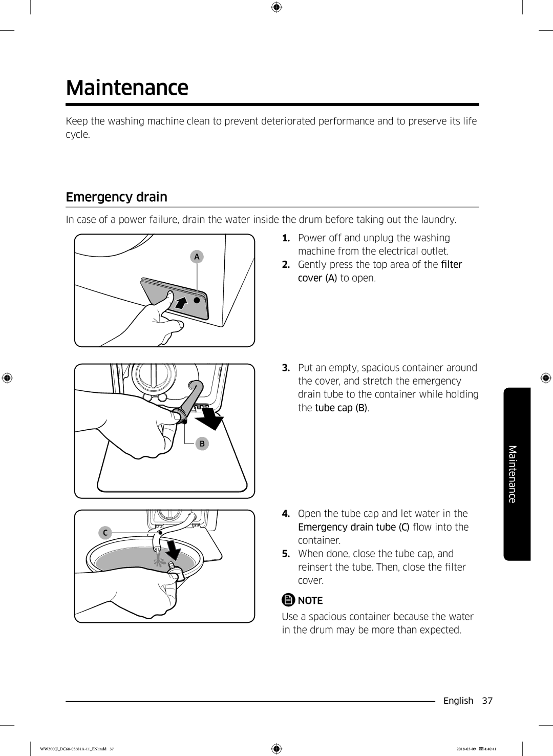 Samsung WW60J3080LW1LE manual Maintenance, Emergency drain 