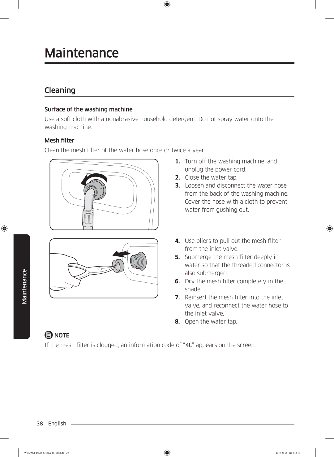 Samsung WW60J3080LW1LE manual Cleaning 