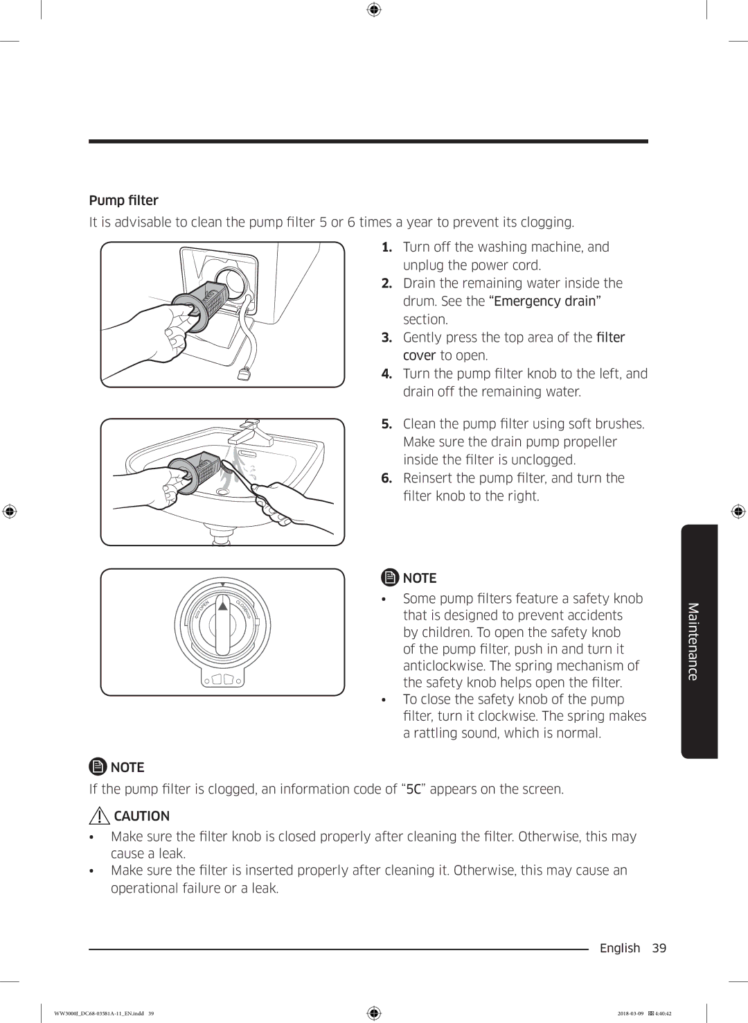 Samsung WW60J3080LW1LE manual Maintenance 