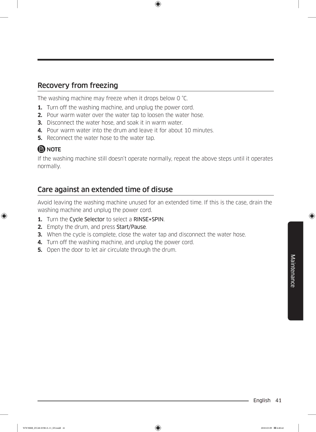 Samsung WW60J3080LW1LE manual Recovery from freezing, Care against an extended time of disuse 